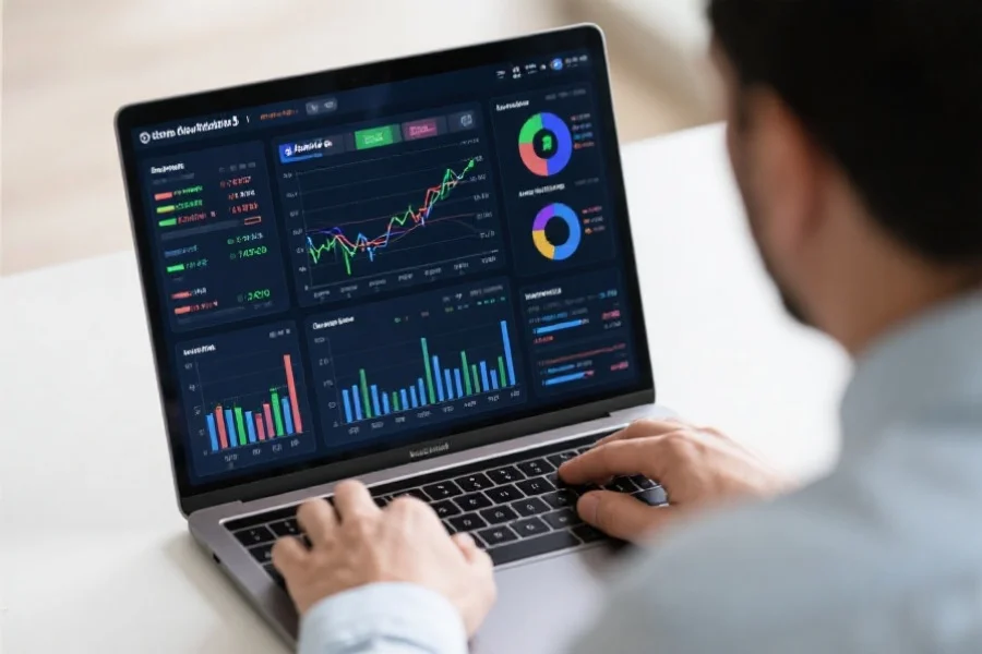 一位数据分析师正在使用笔记本电脑分析一张澳洲幸运5走势图，屏幕上显示着多重数据图表和可视化结果